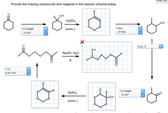 Provide the missing compounds and reagents in the reaction scheme.